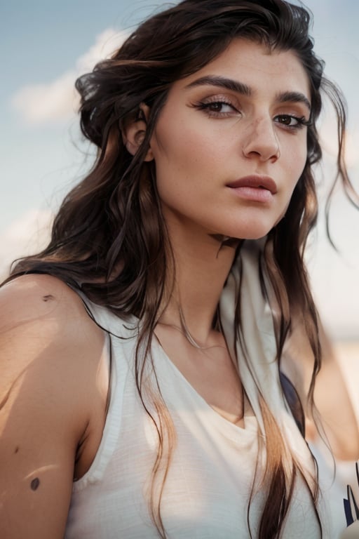 full format IMAX photo, Albanian grown woman, calmly side-eyeing the viewer, a woman with masculine features, sharp high cheekbones, bony face, messy hair, long hair, upper body, sharp lips, tank top, strong jawline, low eyelids, calm eyes, long eyelashes, neck muscles, full eyebrows, rugged girl, dark eyes, 

outdoors, 

photorealistic, 