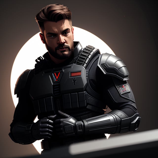 a studio photo of ÁLVARO MORATA as a Modern Warfare 2022 character, 1guy, 

wearing tactical gear, ((black tactical vest)), (sci-fi shoulder and forearm armor ONLY on his left arm),

 standing in a dynamic yet relaxed pose, empty hands, no guns,

blank grey background, lighting accentuates the textures and materials of the gear, showing off the interplay of matte and metallic surfaces, simple soft lighting, 

the camera Infront of subject,

in the style of, Miki Asai Macro photography, close-up, hyper detailed, trending on artstation, sharp focus, studio photo, intricate details, highly detailed, by greg rutkowski,MRC,Meybis Ruiz Cruz,Masterpiece