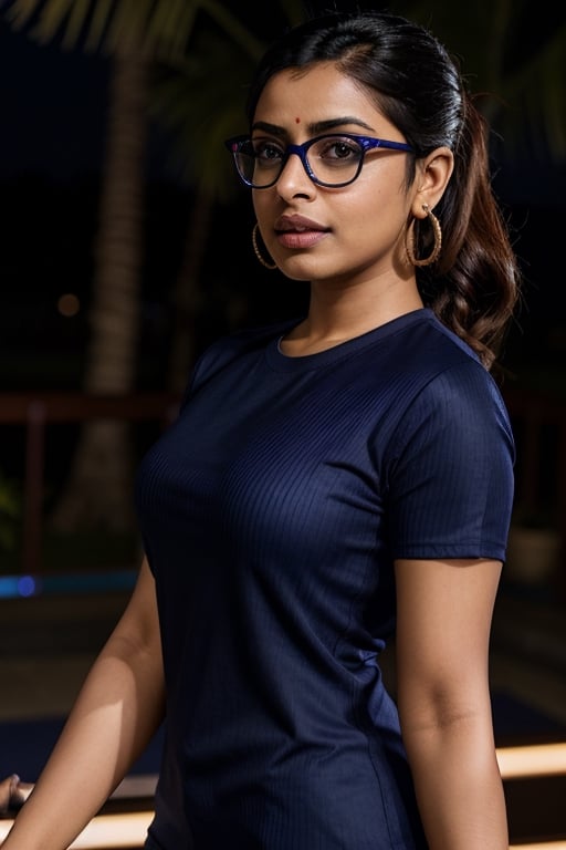 full format photo-realistic wide shot image of a Pakistani woman, Radhika Apte, Priyanka Chopra Jonas, short ponytail, wearing glasses, (((wearing a navy blue ribbed T-shirt that is tight-fitting))), standing in the middle of a dance circle, Coachella concert, confident hype expression, a curvy figure, small waist, big nose,

candid photo, full body shot, ((wide shot)), low angle shot, red and blue lights, night, 

small gold earrings, dark skin, nice skin, natural skin texture, highly detailed 8k skin texture, 

detailed face, detailed nose, realism, realistic, raw, photorealistic, stunning realistic photograph, smooth, actress ,more detail , ,Real Indian Girl, less detail,Revcow