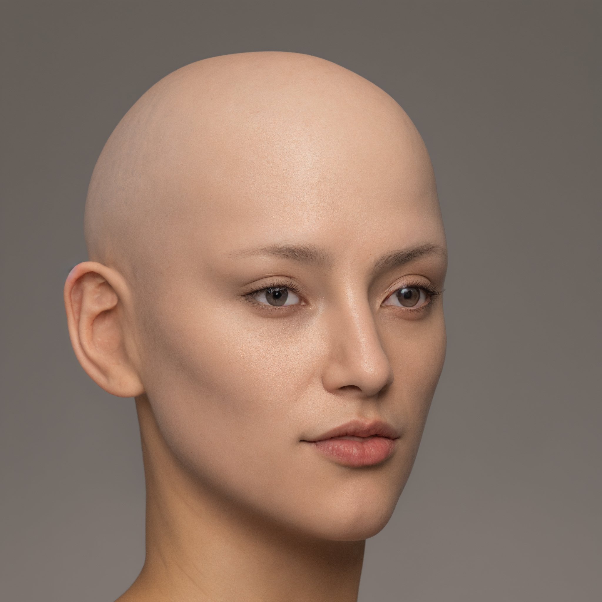 , symmetrical studio portrait of (hairless) Female, overcast lighting, symmetrical diffused lighting, nice skin, natural skin texture, dry skin, ((head facing forward symmetrically)), head and neck fully framed, highly detailed 8k skin texture, plane grey background, in the style of Daniel Boschung's FACE CARTOGRAPHY, 

detailed face, detailed nose, realism, realistic, raw, photorealistic, stunning realistic photograph, smooth,