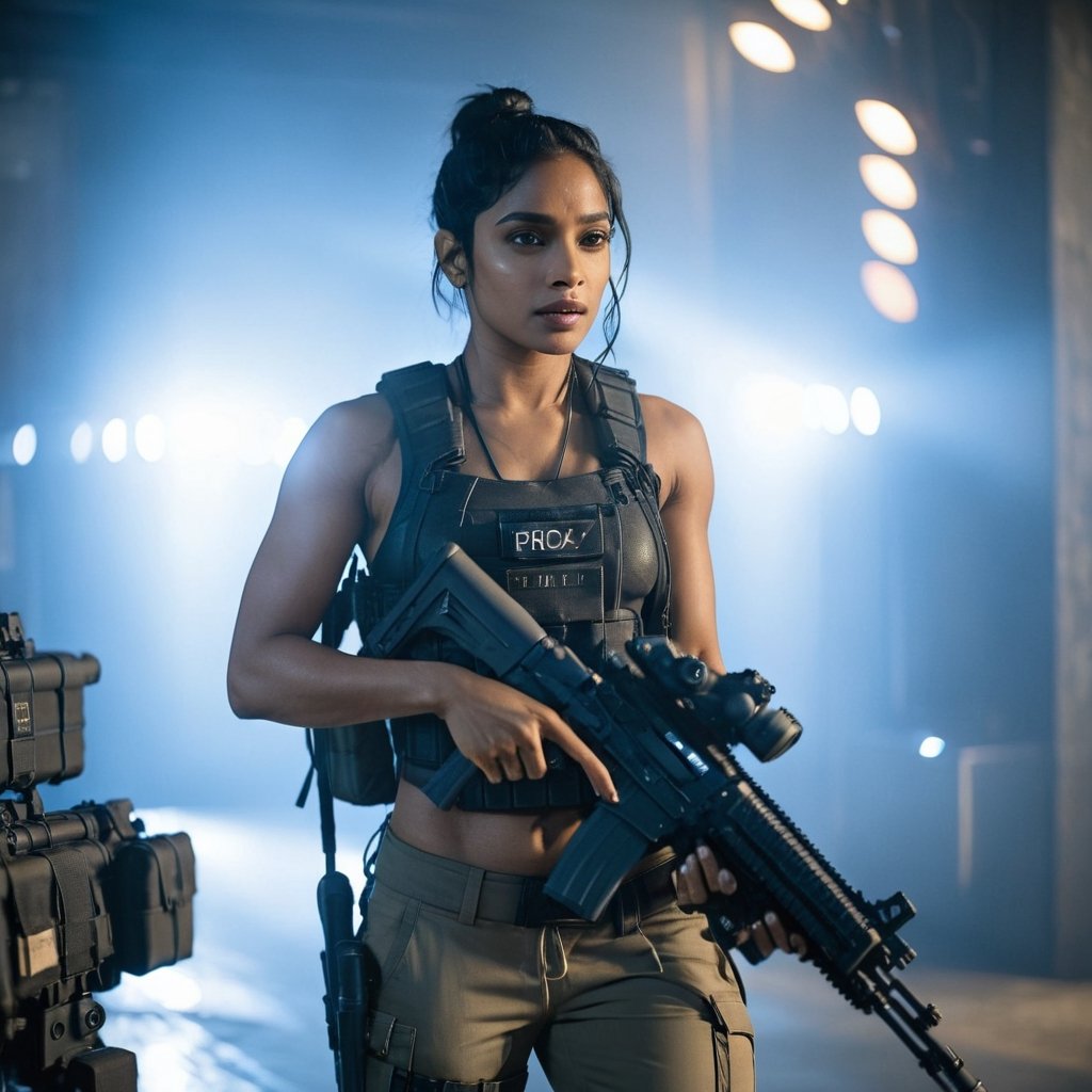 Full format imax movie still of Sobhita Dhulipala Zoe Kravitz, sci-fi PMC, solo, weapon, blurry, gun, backpack, rifle, (female muscular body}, realistic, assault rifle, load bearing vest, bokeh lights, dark room, dramatic lighting, close up, In the style of Gareth Edwards, more detail XL,aesthetic portrait