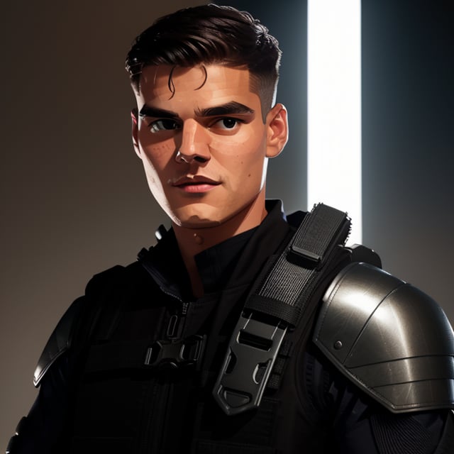 a studio photo of ((ÁLVARO MORATA)) as a Modern Warfare 2022 character, 1guy, male, 

wearing tactical gear, ((black tactical vest)), (sci-fi shoulder and forearm armor ONLY on his left arm),

 standing in a dynamic yet relaxed pose, empty hands, no guns,

blank grey background, lighting accentuates the textures and materials of the gear, showing off the interplay of matte and metallic surfaces, simple soft lighting, 

the camera Infront of subject,

in the style of, Miki Asai Macro photography, close-up, hyper detailed, trending on artstation, sharp focus, studio photo, intricate details, highly detailed, by greg rutkowski,MRC,Meybis Ruiz Cruz,Masterpiece