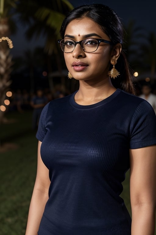 full format photo-realistic wide shot image of a Pakistani woman, Radhika Apte, Priyanka Chopra Jonas, short ponytail, wearing glasses, (((wearing a navy blue ribbed T-shirt that is tight-fitting))), standing in the middle of a dance circle, Coachella concert, confident hype expression, a curvy figure, small waist, big nose,

candid photo, full body shot, ((wide shot)), low angle shot, colorful party lights, night, 

small gold earrings, dark skin, nice skin, natural skin texture, highly detailed 8k skin texture, 

detailed face, detailed nose, realism, realistic, raw, photorealistic, stunning realistic photograph, smooth, actress ,more detail , ,Real Indian Girl