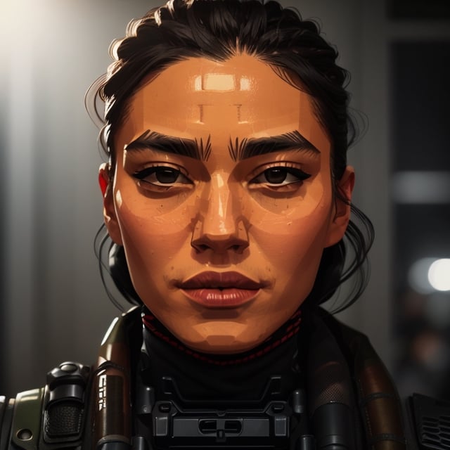 full format portrait of Modern Warfare , realistic skin, Meybis Ruiz Cruz, photorealistic, perfectly framed portrait, style features, backlighting, in the style of the cycle frontier, SAM YANG, More Detail, photorealistic, 3DMM, SimplyPaint