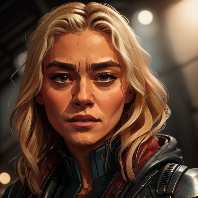 full format portrait of Clarke Griffin the 100, realistic skin, Meybis Ruiz Cruz, photorealistic, perfectly framed portrait, style features, backlighting, in the style of the cycle frontier, SAM YANG, More Detail, photorealistic, 3DMM, SimplyPaint