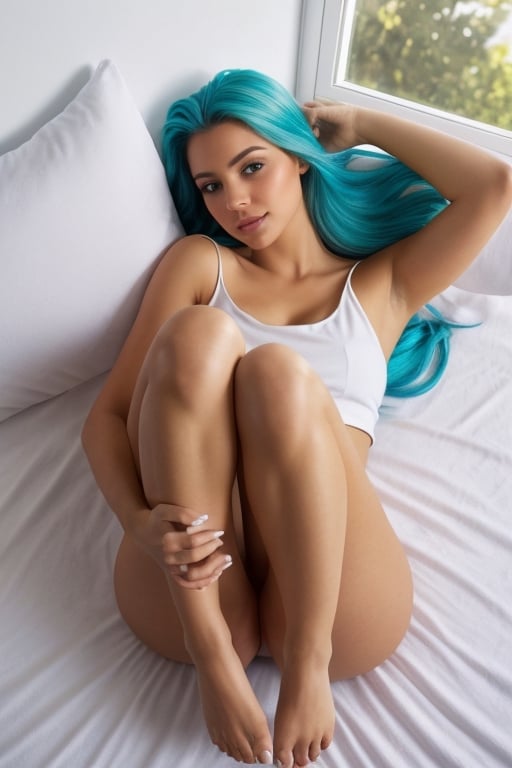 1girl, full format photo-realistic top-down angle image of woman, Karol G's face, hourglass body figure, long hair, ((cyan colored hair)), white crop top, shorts, lying on her back, in bed, curvy figure, fit body, thin waist,  

full body shot, ((wide shot)), high angle shot, overexposed sunlight coming from window, morning, 

cute feet, cute toes, white toenails,  

detailed face, detailed nose, realism, realistic, raw, photorealistic, stunning realistic photograph, smooth, actress, more detail,