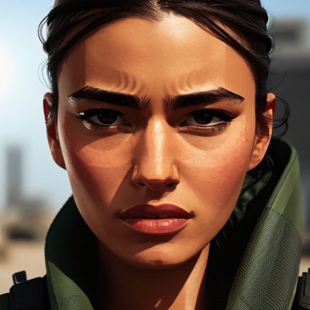 full format portrait of Modern Warfare, realistic skin, Meybis Ruiz Cruz, photorealistic, perfectly framed portrait, style features, backlighting, in the style of the cycle frontier, SAM YANG, More Detail, photorealistic, 3DMM, 