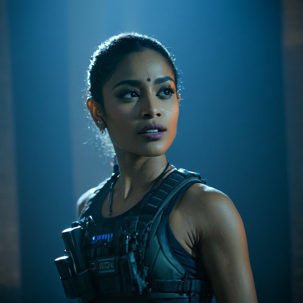 (((Full format imax still from a film))) of Sobhita Dhulipala (Zoe Kravitz), sci-fi PMC, solo, weapon, blurry, (((((muscular body))))}, realistic, full load bearing vest, ultra realistic detail, bokeh, dark room, intimate warm lighting, chest up, ((Close up Portrait)), In the style of Gareth Edwards, more detail XL,aesthetic portrait,Indian, cinematic moviemaker style,banita_sandhu,Movie Still