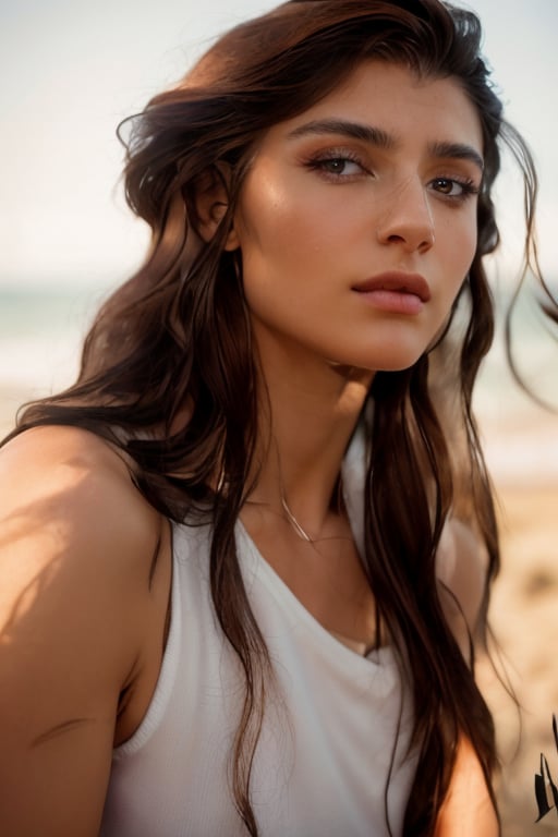 full format IMAX photo, Albanian grown woman, calmly side-eyeing the viewer, a woman with masculine features, sharp high cheekbones, bony face, messy hair, long hair, upper body, sharp lips, tank top, strong jawline, low eyelids, calm eyes, long eyelashes, neck muscles, full eyebrows, rugged girl, dark eyes, 

outdoors, 

photorealistic, 