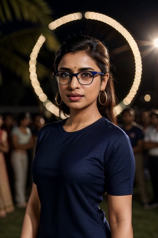 full format photo-realistic wide shot image of a Pakistani woman, Radhika Apte, Priyanka Chopra Jonas, short ponytail, wearing glasses, (((wearing a navy blue ribbed T-shirt that is tight-fitting))), standing in the middle of a dance circle, Coachella concert, confident hype expression, a curvy figure, small waist, big nose,

candid photo, full body shot, ((wide shot)), low angle shot, colorful party lights, night, 

small gold earrings, dark skin, nice skin, natural skin texture, highly detailed 8k skin texture, 

detailed face, detailed nose, realism, realistic, raw, photorealistic, stunning realistic photograph, smooth, actress ,more detail , ,Real Indian Girl