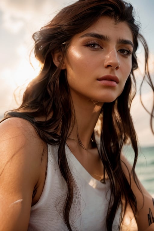 full format IMAX photo, Albanian grown woman, calmly side-eyeing the viewer, a woman with masculine features, sharp high cheekbones, bony face, messy hair, long hair, upper body, sharp lips, tank top, strong jawline, low eyelids, calm eyes, long eyelashes, neck muscles, full eyebrows, rugged girl, dark eyes, 

outdoors, 

photorealistic, 