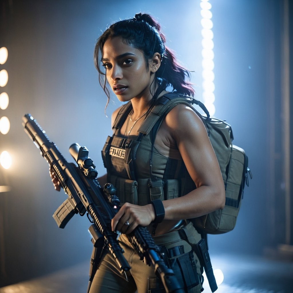 Full format imax movie still of Sobhita Dhulipala Zoe Kravitz, sci-fi PMC, solo, weapon, blurry, gun, backpack, rifle, ((female muscular body)}, realistic, assault rifle, load bearing vest, bokeh lights, dark room, intimate lighting, (((close up))), In the style of Gareth Edwards, more detail XL,aesthetic portrait