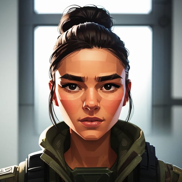 full format portrait of Modern Warfare, realistic skin, Meybis Ruiz Cruz, photorealistic, perfectly framed portrait, style features, backlighting, in the style of the cycle frontier, SAM YANG, More Detail, photorealistic, 3DMM, SimplyPaint,Sexy Toon