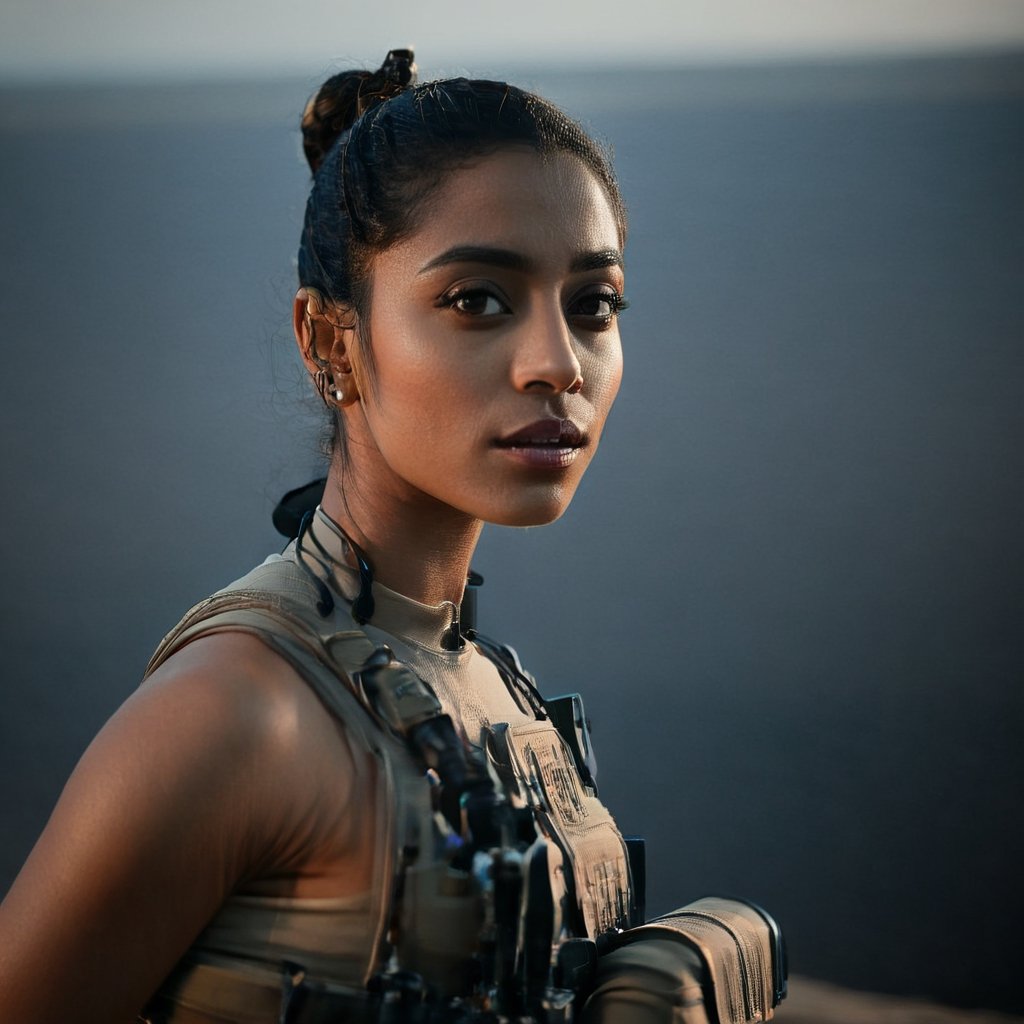 (((Full format imax still from a film))) of Sobhita Dhulipala (Zoe Kravitz), sci-fi PMC, solo, weapon, blurry, (((((muscular body))))}, realistic, full load bearing vest, ultra realistic detail, bokeh, dark room, intimate lighting, foggy outdoors, chest up, ((Close up Portrait)), In the style of Gareth Edwards, more detail XL,aesthetic portrait,Indian, cinematic moviemaker style,banita_sandhu,Movie Still