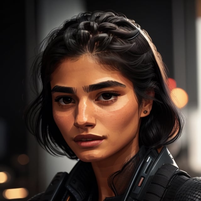 full format Modern Warfare portrait of Diane Guerrero, realistic skin, Meybis Ruiz Cruz, photorealistic, perfectly framed portrait, style features, backlighting, in the style of the cycle frontier, SAM YANG, More Detail, photorealistic, 3DMM, SimplyPaint