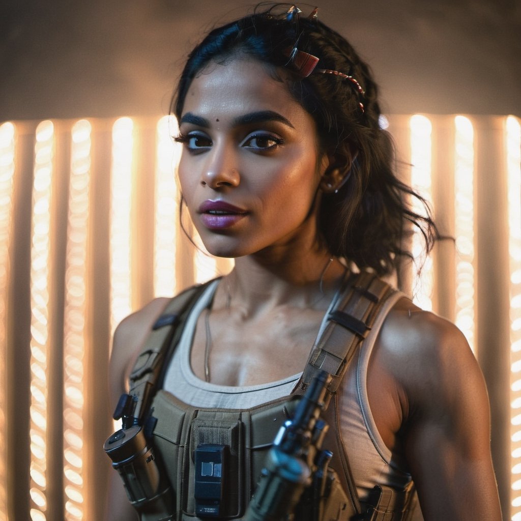 Full format imax movie still of Sobhita Dhulipala Zoe Kravitz, sci-fi PMC, solo, weapon, blurry, ((muscular body)}, realistic, full load bearing vest, ultra realistic detail, bokeh lights, dark room, intimate lighting, chest up, ((Close up Portrait)), In the style of Gareth Edwards, more detail XL,aesthetic portrait