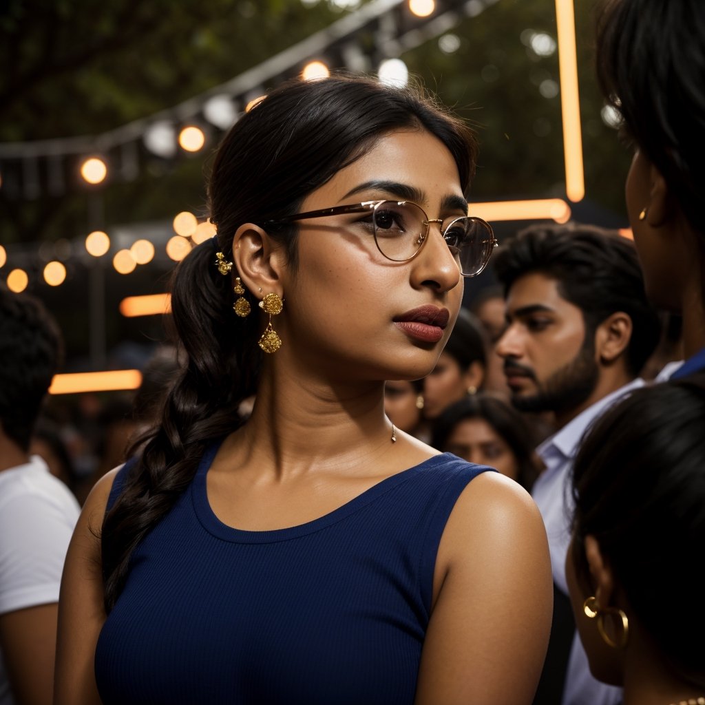 full format photo-realistic wide shot image of a Pakistani woman, Radhika Apte, Priyanka Chopra Jonas, short ponytail, wearing glasses, confident hype expression, wearing a navy blue ribbed T-shirt that is tight-fitting, a curvy figure, big nose,

standing in a crowd at a music festival, colorful party lights, night, candid photo, full body shot, ((wide shot)), low angle shot, 

small gold earings, dark skin, nice skin, natural skin texture, highly detailed 8k skin texture, 

detailed face, detailed nose, realism, realistic, raw, photorealistic, stunning realistic photograph, smooth, actress 