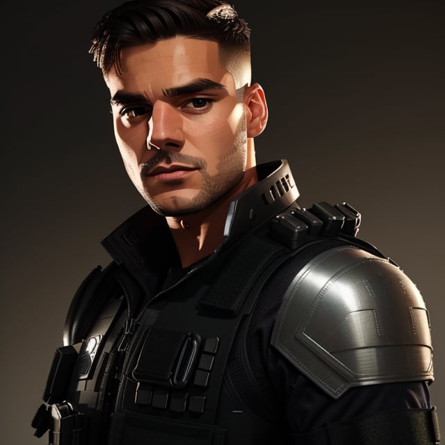 a studio photo of ÁLVARO MORATA as a Modern Warfare 2022 character, 1guy, 

wearing tactical gear, ((black tactical vest)), (sci-fi shoulder and forearm armor ONLY on his left arm),

 standing in a dynamic yet relaxed pose, empty hands, no guns,

blank grey background, lighting accentuates the textures and materials of the gear, showing off the interplay of matte and metallic surfaces, simple soft lighting, 

the camera Infront of subject,

in the style of, Miki Asai Macro photography, close-up, hyper detailed, trending on artstation, sharp focus, studio photo, intricate details, highly detailed, by greg rutkowski,MRC,Meybis Ruiz Cruz,Masterpiece