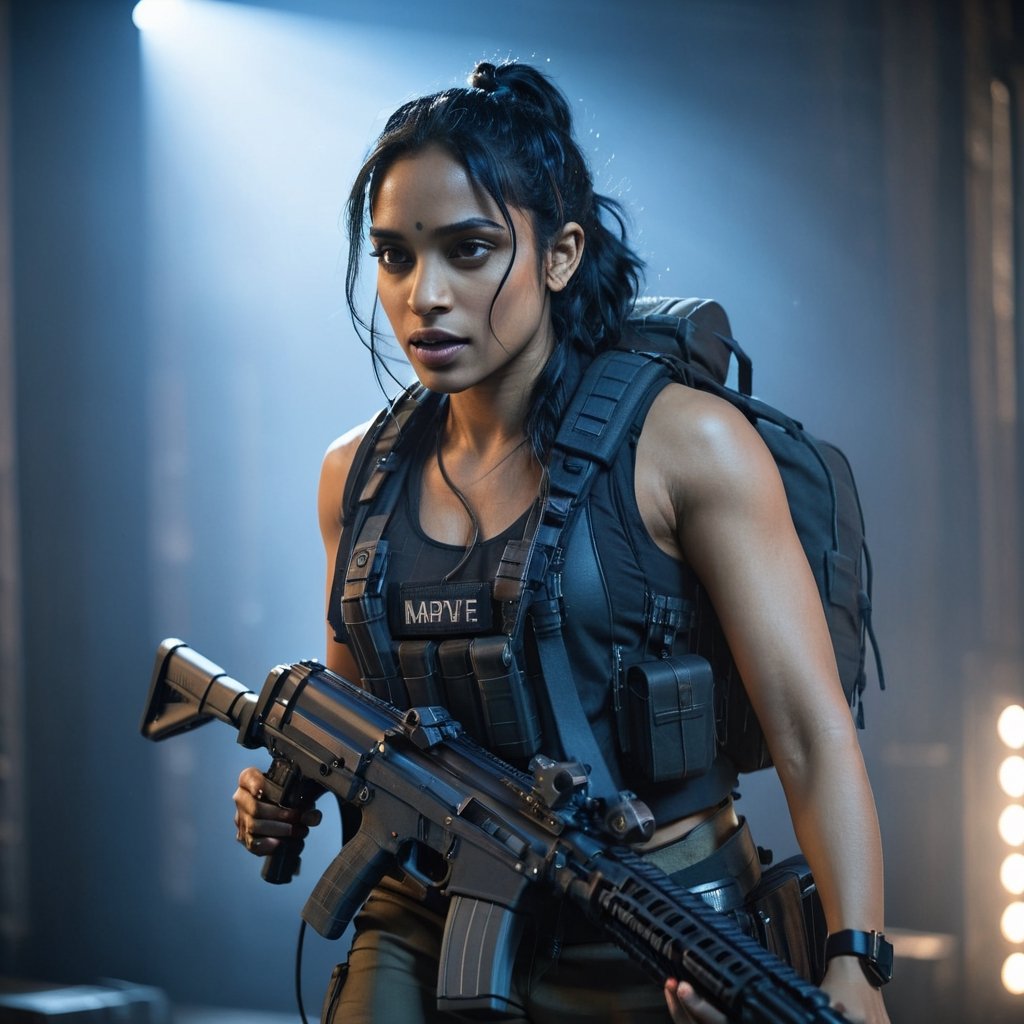 Full format imax movie still of Sobhita Dhulipala Zoe Kravitz, sci-fi PMC, solo, weapon, blurry, gun, backpack, rifle, (female muscular body}, realistic, assault rifle, load bearing vest, bokeh lights, dark room, dramatic lighting, ((close up)), In the style of Gareth Edwards, more detail XL,aesthetic portrait