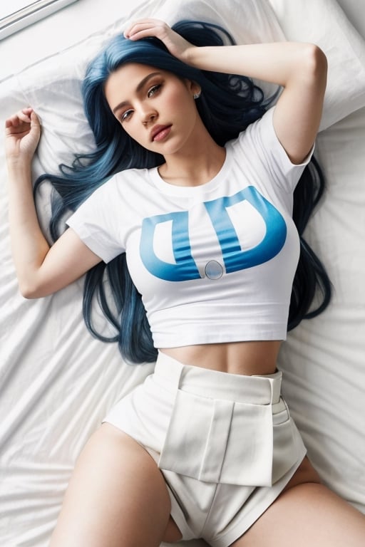 full format Instagram photo of ((Karol G)), 

((hourglass figure)), (((thin waist))), long blue hair, ((((white blank T-shirt)))), yoga shorts, pale skin, 

lying on her back, wide shot, waist up, 

in bed, overexposed morning sun shining from the window, top-down view, wide angle, in the style of an Instagram model, overhang, photorealistic