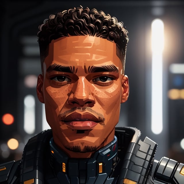 full format portrait of Ray Fisher, realistic skin, Meybis Ruiz Cruz, photorealistic, perfectly framed portrait, style features, backlighting, in the style of the cycle frontier, SAM YANG, More Detail, photorealistic, 3DMM, SimplyPaint