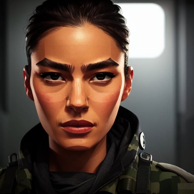 full format portrait of Modern Warfare, realistic skin, Meybis Ruiz Cruz, photorealistic, perfectly framed portrait, style features, backlighting, in the style of the cycle frontier, SAM YANG, More Detail, photorealistic, 3DMM, SimplyPaint