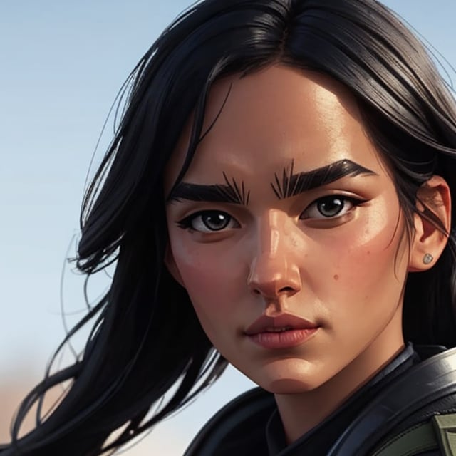 full format portrait of Modern Warfare, realistic skin, Meybis Ruiz Cruz, photorealistic, perfectly framed portrait, style features, backlighting, in the style of the cycle frontier, SAM YANG, More Detail, photorealistic, 3DMM, 