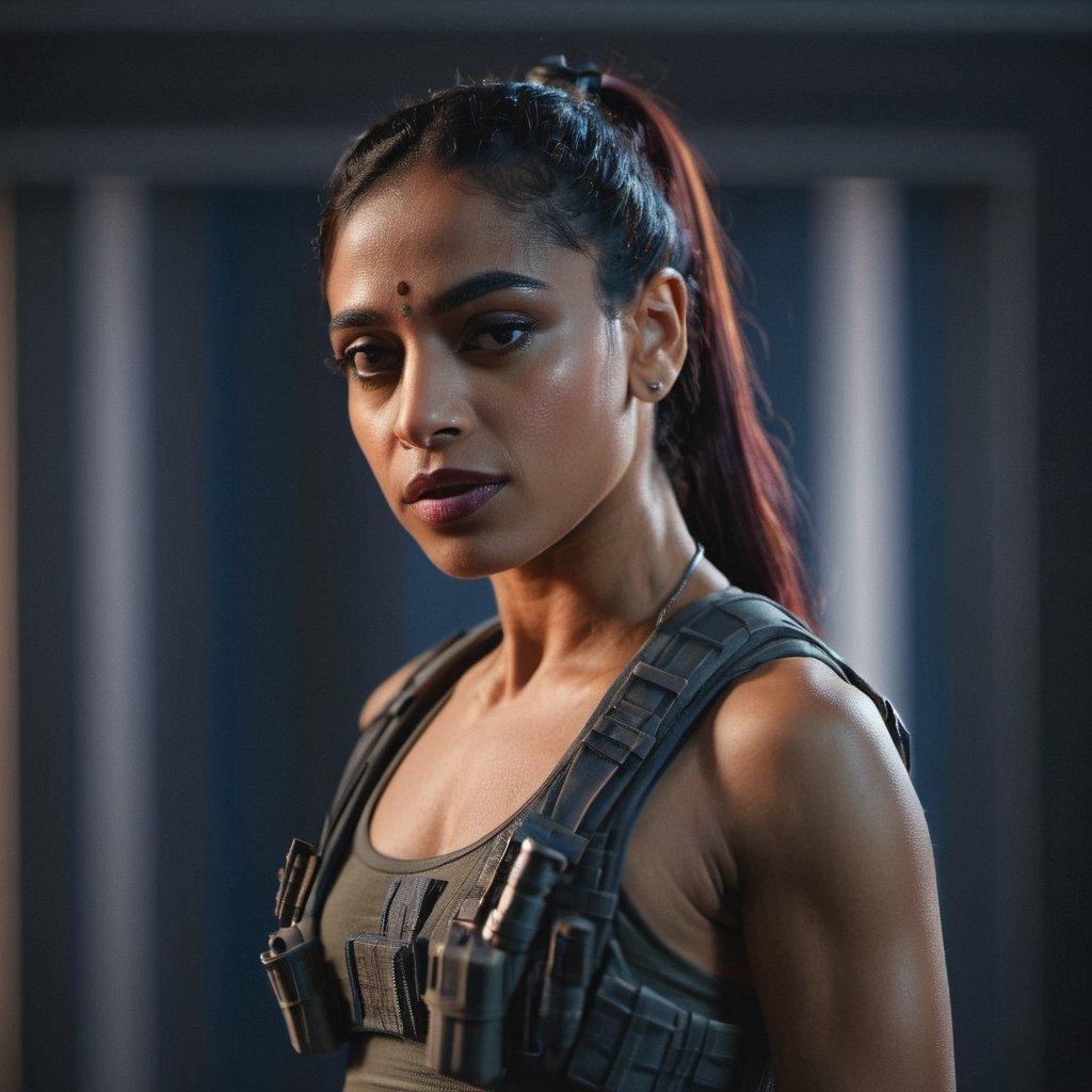 (((Full format imax still from a film))) of Sobhita Dhulipala Zoe Kravitz, sci-fi PMC, solo, weapon, blurry, ((muscular body)}, realistic, full load bearing vest, ultra realistic detail, bokeh, dark room, intimate lighting, chest up, ((Close up Portrait)), In the style of Gareth Edwards, more detail XL,aesthetic portrait,Indian