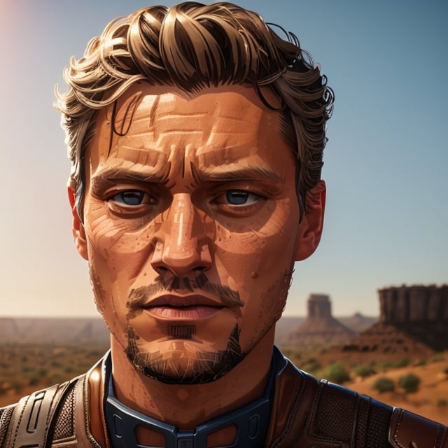 full format portrait of Gideon Emery, realistic skin, Meybis Ruiz Cruz, photorealistic, perfectly framed portrait, style features, backlighting, in the style of the cycle frontier, SAM YANG, More Detail, photorealistic, 3DMM, SimplyPaint
