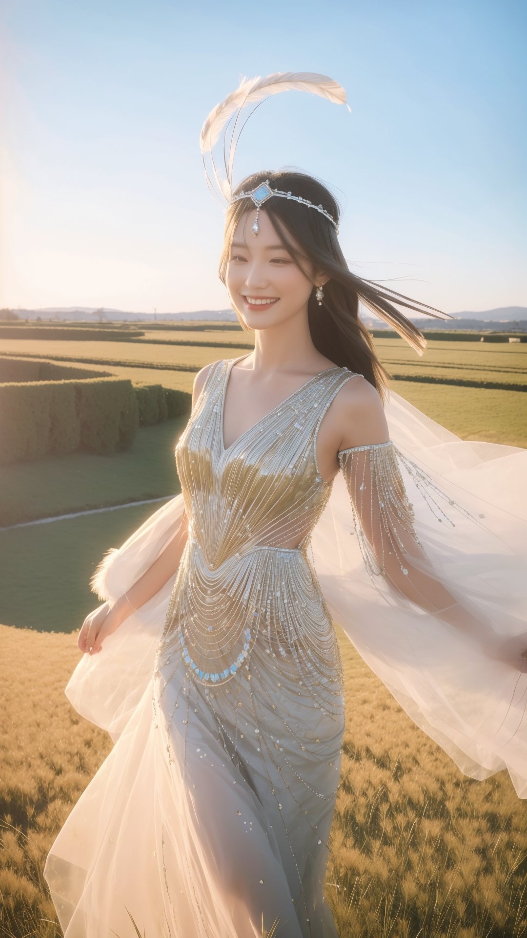 1girl, solo, a stunning beautiful girl with bright smile, flowing hair, spring grass field, wearing  a shimmering, beaded flapper dress, feathers cascading from her headpiece, looking at viewer, 8k, high res, ultra detailed
