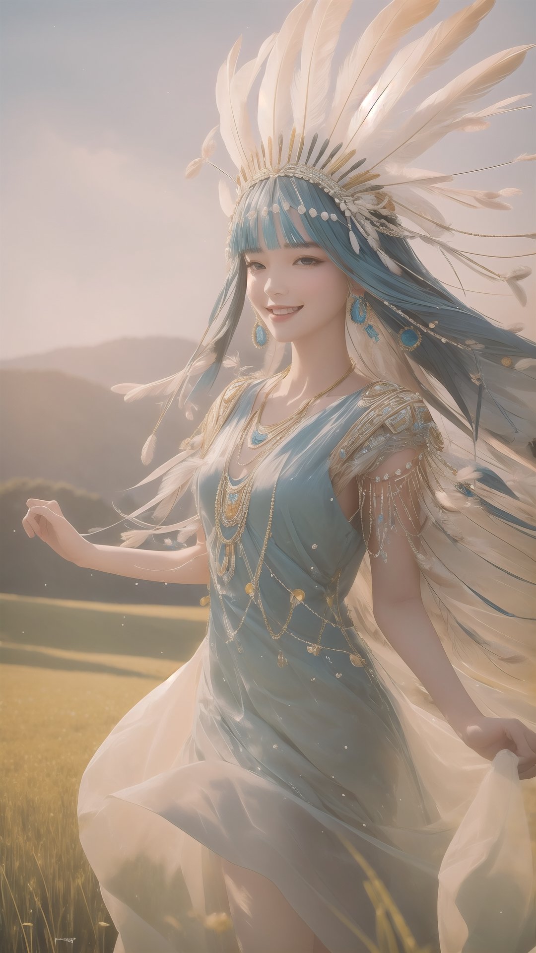1girl, solo, a stunning beautiful girl with bright smile, flowing hair, spring grass field, wearing  a shimmering, beaded flapper dress, feathers cascading from her headpiece, looking at viewer, 8k, high res, ultra detailed,photorealistic
