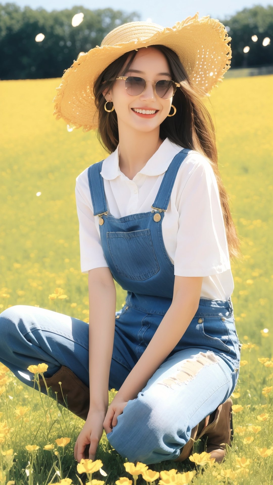 1girl, solo,Amidst a vibrant field of wildflowers, a girl with a radiant smile stands knee-deep in the grass. Her worn straw hat shades her flowing hair, contrasting with the earthy tones of her overalls and mud-caked boots. A single daisy tucked behind her ear reflects her connection to the natural world. (Focus on natural beauty, sun-kissed skin, and a joyful spirit), looking at viewer, 8k, high res, ultra detailed,photorealistic