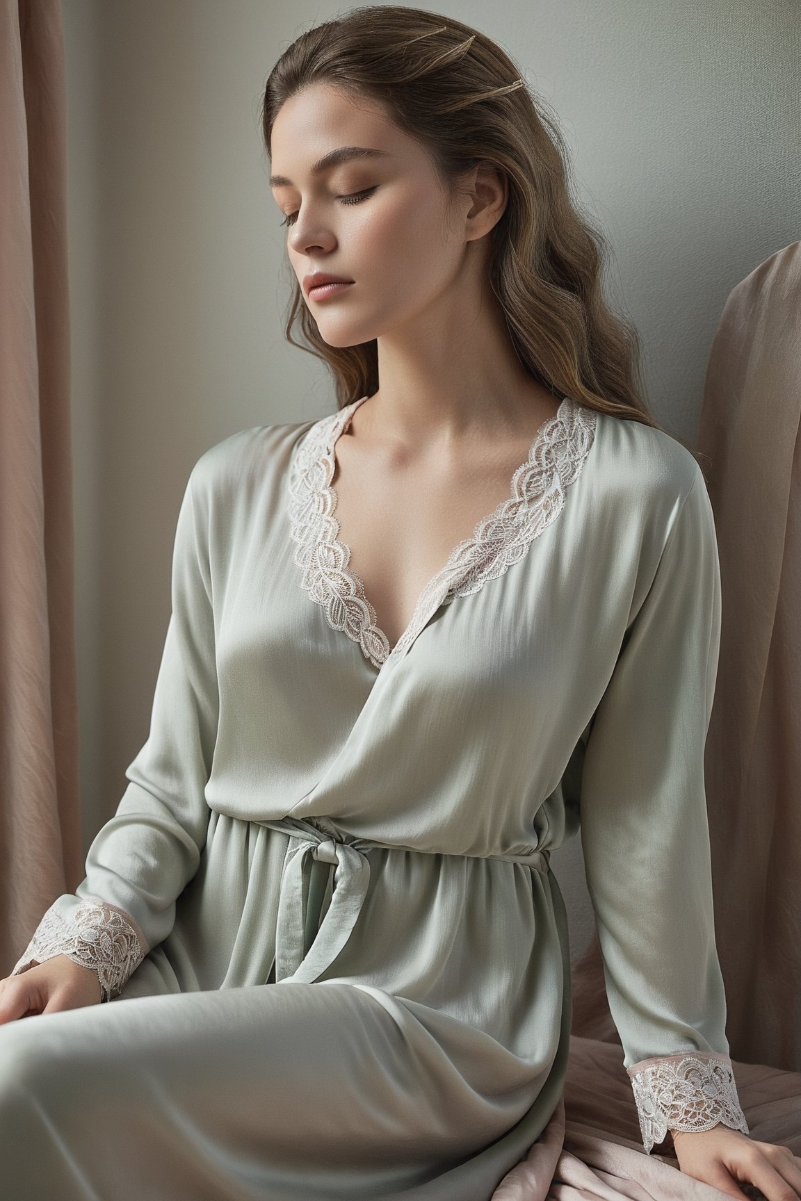 A big breast serene woman, her eyes peacefully closed, rests comfortably in her soft and luxurious sleepwear. The fabric gently drapes her upper body, embracing her in a delicate embrace of comfort and relaxation. The subtle hues of the sleepwear create a soothing and tranquil ambiance, perfectly complementing the calm expression on her face. Soft, diffused lighting gently illuminates her features, casting a warm and intimate glow. This digitally painted image captures the ethereal and dreamlike quality of a peaceful moment of rest. The camera perspective is positioned slightly above, offering a gentle and intimate view of her upper body, allowing viewers to appreciate the subtle details and textures of the sleepwear. The level of detail is meticulously rendered, from the delicate lace trim to the soft folds of the fabric, creating a sense of tactile realism. The overall composition invites viewers to embrace the tranquility and comfort of a restful night's sleep.