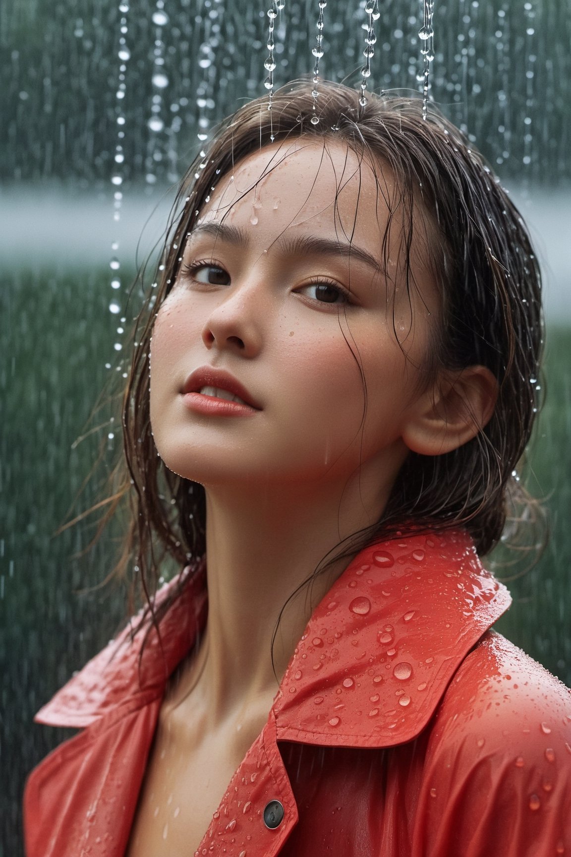 A big breast young girl, her face filled with joy and excitement, stands under a gentle rain shower, her arms outstretched to embrace the drops. Her vibrant red raincoat contrasts beautifully against the gray sky, while her wet hair clings to her forehead. The raindrops create a shimmering effect as they cascade down around her, adding a touch of magic to the scene. This digitally painted image captures the ethereal and dreamlike quality of the moment, with each droplet meticulously rendered to showcase its individual beauty. The lighting is soft and diffused, highlighting the girl's radiant smile and the glistening rain. The camera perspective captures her from a slightly lower angle, emphasizing her youthful energy and enthusiasm. The level of detail and the use of ultra-resolution techniques bring the image to life, allowing viewers to almost feel the rain on their own skin