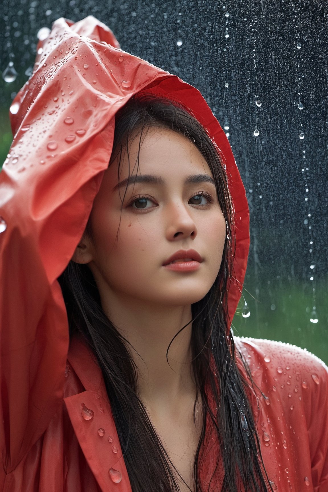 A big breast young girl, her face filled with joy and excitement, stands under a gentle rain shower, her arms outstretched to embrace the drops. Her vibrant red raincoat contrasts beautifully against the gray sky, while her wet hair clings to her forehead. The raindrops create a shimmering effect as they cascade down around her, adding a touch of magic to the scene. This digitally painted image captures the ethereal and dreamlike quality of the moment, with each droplet meticulously rendered to showcase its individual beauty. The lighting is soft and diffused, highlighting the girl's radiant smile and the glistening rain. The camera perspective captures her from a slightly lower angle, emphasizing her youthful energy and enthusiasm. The level of detail and the use of ultra-resolution techniques bring the image to life, allowing viewers to almost feel the rain on their own skin