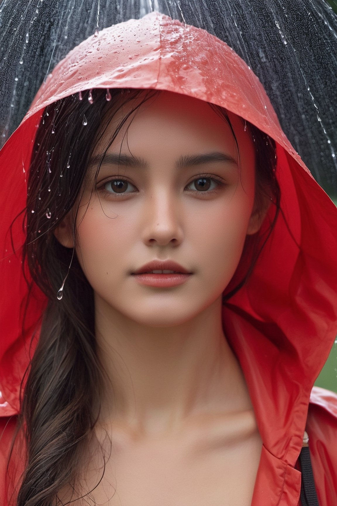 A big breast young girl, her face filled with joy and excitement, stands under a gentle rain shower, her arms outstretched to embrace the drops. Her vibrant red raincoat contrasts beautifully against the gray sky, while her wet hair clings to her forehead. The raindrops create a shimmering effect as they cascade down around her, adding a touch of magic to the scene. This digitally painted image captures the ethereal and dreamlike quality of the moment, with each droplet meticulously rendered to showcase its individual beauty. The lighting is soft and diffused, highlighting the girl's radiant smile and the glistening rain. The camera perspective captures her from a slightly lower angle, emphasizing her youthful energy and enthusiasm. The level of detail and the use of ultra-resolution techniques bring the image to life, allowing viewers to almost feel the rain on their own skin