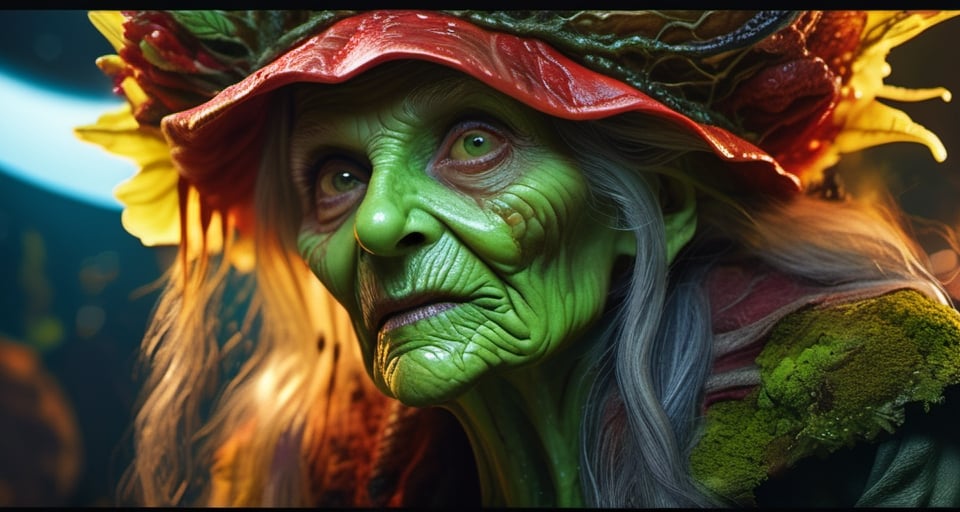 realistic old hag, wrinkled extremely and sexy, inbred with realistic horror creature from Space. terraforming. Alien Flora,  large gazing eyes, close-up, hyper detailed, rich colours, red green, rich dark shadows, yellow, bioluminescent, colourfull, glow, fluid slime glowingslobber, oozing, dripping, moist, fleshy, trending on artstation, sharp focus, studio photo, intricate details, highly detailed, glossy, slimy, mucous, by greg rutkowski detailed face, hyper realistic
 detailed skin,isni,traditional,detailmaster2