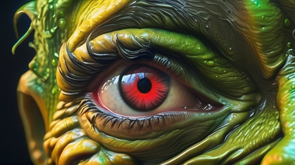 realistic old or child hag, wrinkled with 3 eyes, smiling playfully, inbred with realistic horror creature from Space. terraforming. Alien Flora,  large gazing eyes, close-up, hyper detailed, rich colours, red green, rich dark shadows, yellow, bioluminescent, colourfull, glow, fluid slime glowingslobber, oozing, dripping, moist, fleshy, trending on artstation, sharp focus, studio photo, intricate details, highly detailed, glossy, slimy, mucous, by greg rutkowski detailed face, hyper realistic
 detailed skin,isni,traditional,detailmaster2