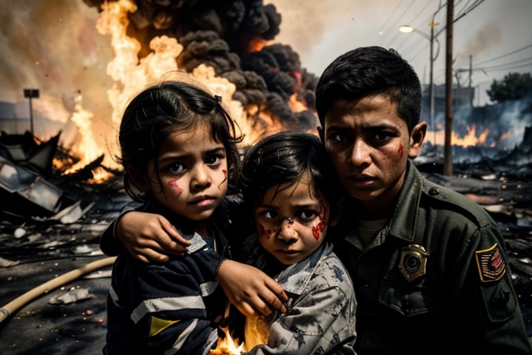 Two orphaned children embrace in the middle of war. A boy and a girl, both around 10 years old, wearing torn and dirty clothes. They have brown hair and green eyes. They are scared and sad, but also relieved to have each other. They are crying and hugging each other for comfort. They look at the camera with a mixture of fear and hope. (looking at viewer) They are on a unpaved street destroyed by bombs and gunfire. There is smoke, fire and debris everywhere. There are bodies of soldiers and civilians on the ground. There are tanks, planes and helicopters in the background. The camera is at eye level with the children, showing a medium shot of their faces and bodies. The camera is tilted slightly to convey the feeling of chaos and instability. The children are in the center of the image, occupying most of the space. They are framed by contrasting elements, such as fire and smoke, which create an atmosphere of danger and tension. The image has a dark and moody color palette, with shades of grey, brown and red. The lighting is dim and diffuse, coming mainly from fire and explosions. There are harsh shadows and strong contrasts in the image. The children are illuminated by a soft, warm light, which highlights their faces and creates a focus of attention in the image.,