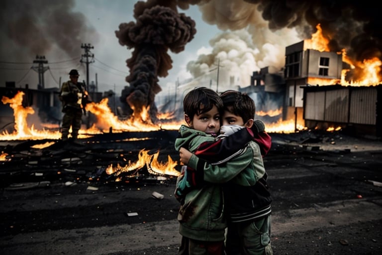 Two orphaned children embrace in the middle of war. A boy and a girl, both around 10 years old, wearing torn and dirty clothes. They have brown hair and green eyes. They are scared and sad, but also relieved to have each other. They are crying and hugging each other for comfort. They look at the camera with a mixture of fear and hope. (looking at viewer) They are on a unpaved street destroyed by bombs and gunfire. There is smoke, fire and debris everywhere. There are bodies of soldiers and civilians on the ground. There are tanks, planes and helicopters in the background. The camera is at eye level with the children, showing a medium shot of their faces and bodies. The camera is tilted slightly to convey the feeling of chaos and instability. The children are in the center of the image, occupying most of the space. They are framed by contrasting elements, such as fire and smoke, which create an atmosphere of danger and tension. The image has a dark and moody color palette, with shades of grey, brown and red. The lighting is dim and diffuse, coming mainly from fire and explosions. There are harsh shadows and strong contrasts in the image. The children are illuminated by a soft, warm light, which highlights their faces and creates a focus of attention in the image.,