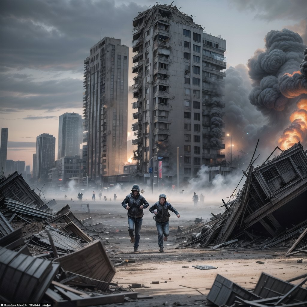 A devastated city, looking like Warsaw after the massacre in World War 2, with smoke rising everywhere from the ruins, survivors struggle to dig out of the rubble, hundreds of people running in all directions with some fighting over food. many people running toward viewer.