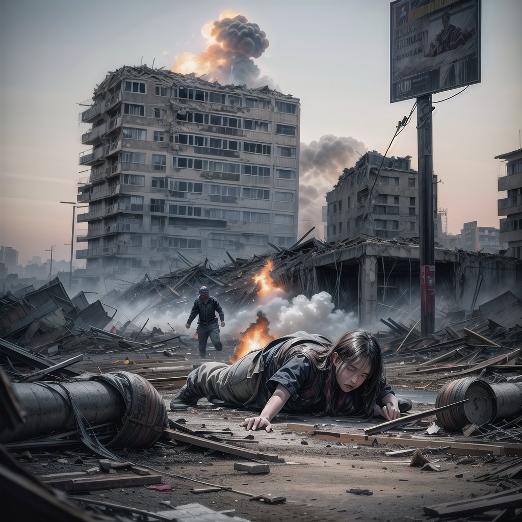 A devastated city, looking like Warsaw after the massacre in World War 2, with smoke rising everywhere from the ruins, survivors struggle to dig out of the rubble, hundreds of people running and crawling in all directions with some fighting over food. many running to viewer.