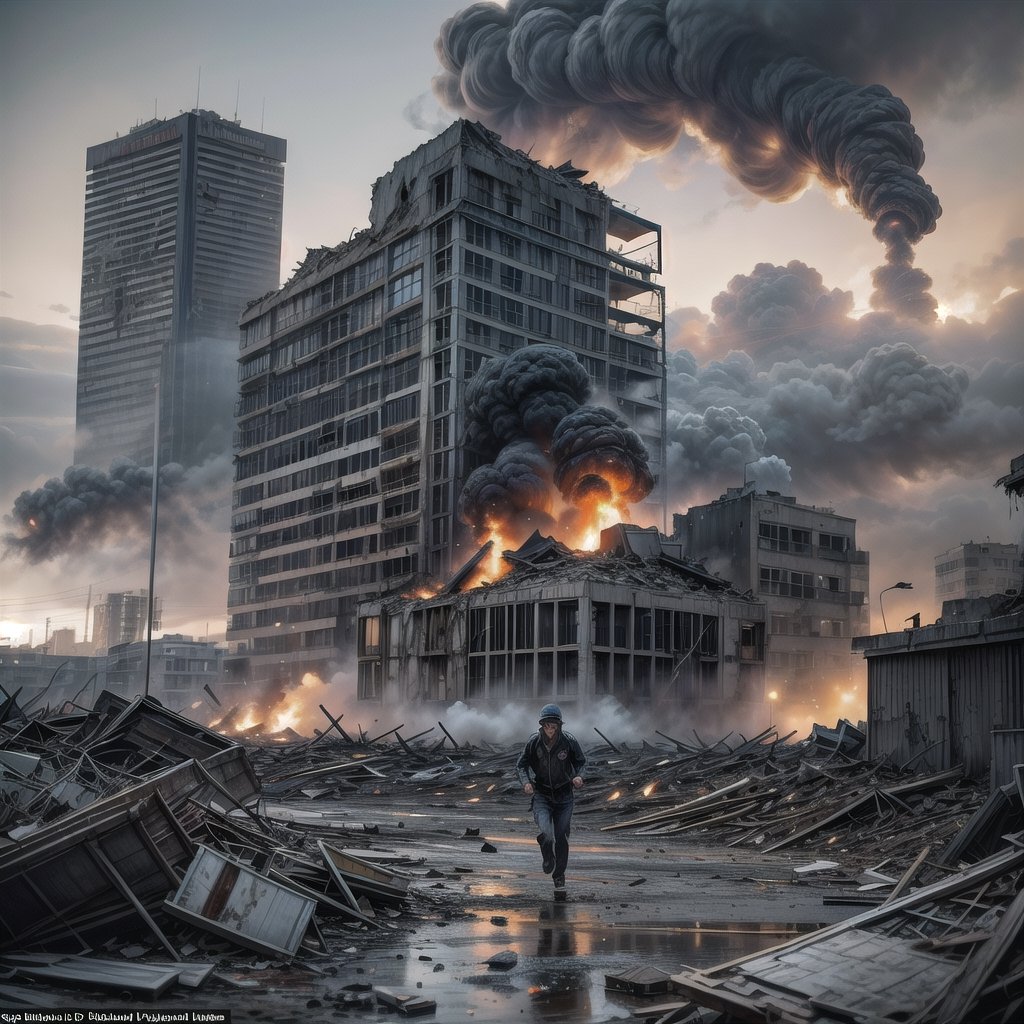 A devastated city, looking like Warsaw after the massacre in World War 2, with smoke rising everywhere from the ruins, survivors struggle to dig out of the rubble, thousands of civilians running toward viewer with some fighting over food. 