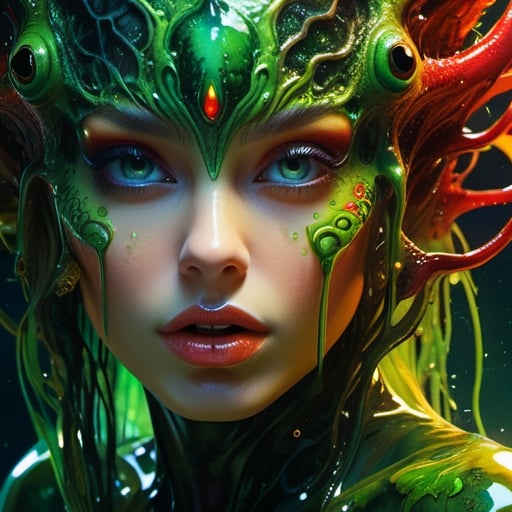 gorgeous girl young and sexy inbred with horror creature from Space. terraforming. Alien Flora,  large gazing eyes, close-up, hyper detailed, rich colours, red green, rich dark shadows, yellow, bioluminescent, colourfull, glow, fluid slime glowingslobber, oozing, dripping, moist, fleshy, trending on artstation, sharp focus, studio photo, intricate details, highly detailed, glossy, slimy, mucous, by greg rutkowski detailed face, detailed skin,isni,traditional,detailmaster2