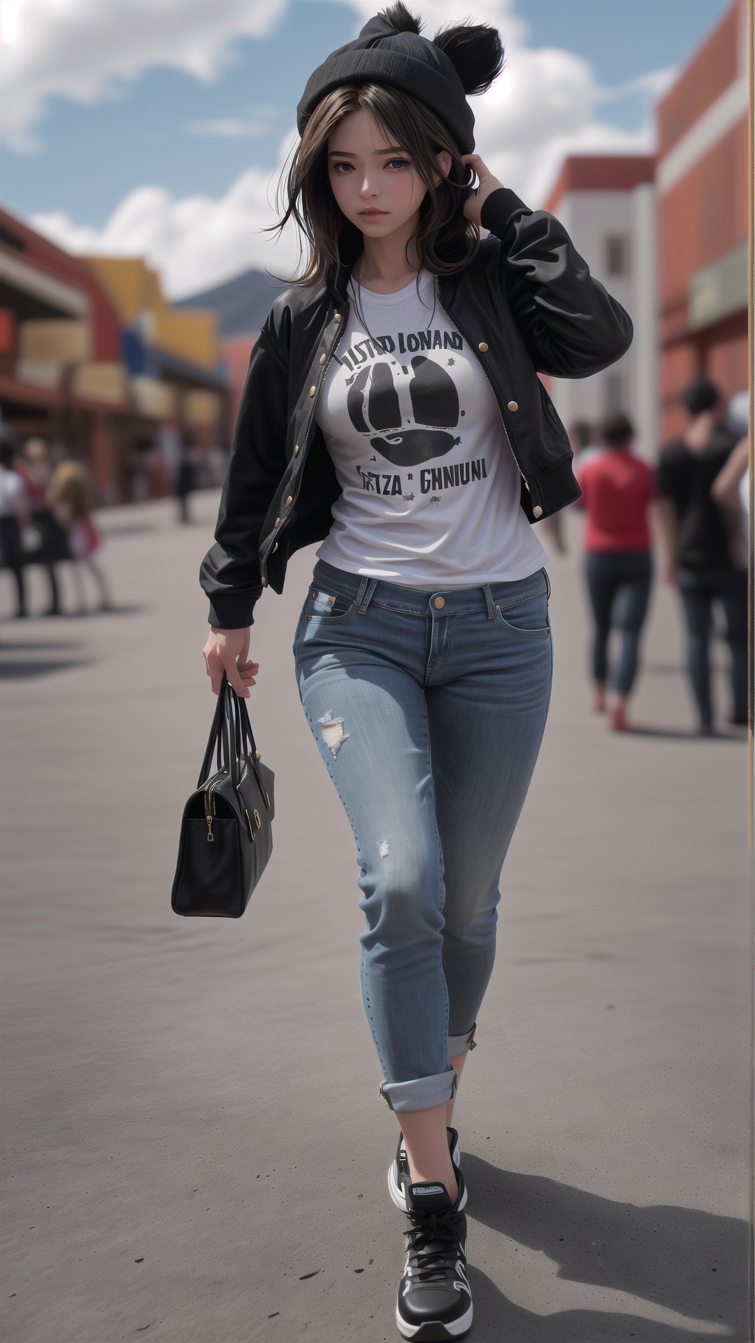 "Una hermosa mujer de 20 años, luce un conjunto que combina comodidad y estilo. Viste unos jeans ajustados que realzan su figura y una camiseta de manga corta que resalta su belleza natural. Para completar su look, lleva una chaqueta de cuero negra que agrega un toque de sofisticación y rebeldía. Sus zapatillas de deporte modernas le dan un toque casual y fresco. Lleva su cabello negro largo y suelto, lo que resalta su atractiva apariencia. La imagen debe reflejar su confianza y elegancia en este atuendo casual con chaqueta de cuero."