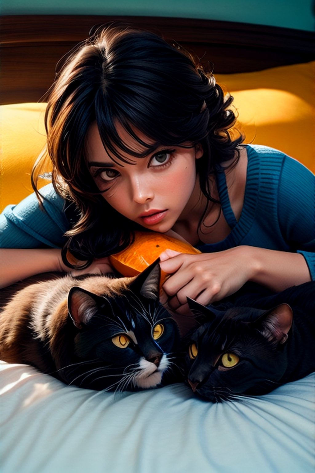 hermosa mujer,cabello negro largo,ojos azules, viste una pijama naranja ajustada, en la cama. Despertando al lado de su tierno gato curl americano.