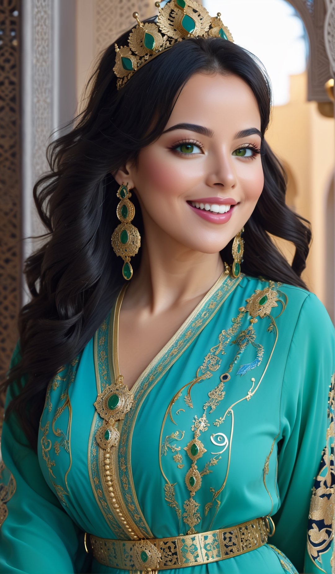 Masterpiece,4K,woman wearing a Moroccan caftan,Beautiful female version gold zodiac Leo,Moroccan style,full body focus,portrait,high quality art,high resolution,high definition,face close up,green eyes,puffy lips,smiling,surprised,blushing,lipstick,beautiful eyes blue,smooth skin,pretty woman, full body, black hair, golden earrings,Qftan