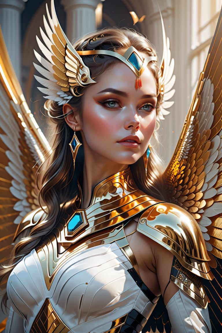 if the white house was black, 8k photo Closeup of a woman in a gold costume with wings, fantasy art act, karol bak uhd, artgerm julie bell beeple, beautiful fantasy art, fantasy woman, cgsociety contest winner! ! , detailed fantasy art, cgsociety contest winner! ! ! , cgsociety contest winner, elegant cinematic fantasy art, stunning cgsociety, beautiful fantasy art portraits, busty