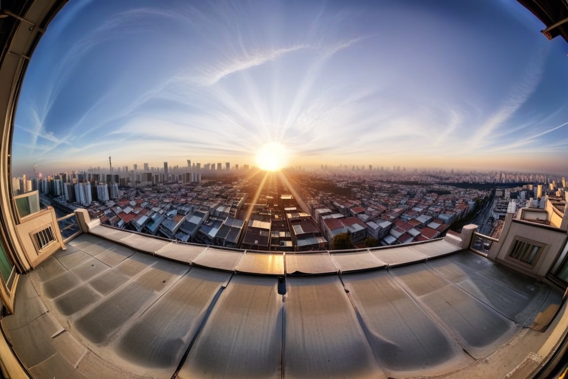 (ohoto-realistic), (best quality), HDR 32k, (view from 1cm from the floor), sunrise, (realistic), perfect, city view, happy new year; big sun in the middle; oriental;