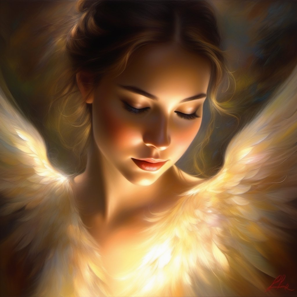 Bold strokes and thick paint capture the essence of an angel's grace. Flowing lines suggest a background of feathered wings, while vibrant dabs of color radiate from the focal point. The central form is loosely defined by energetic brushwork, evoking a young woman with compassion in her eyes. Light peeks through the texture in ethereal streams. The mood is quiet reverence, emphasized by minimal distinguishable details. Overall, the poignant impressions and luminous textures express the holy manifested in the mundane. Abstract elements combine in poetic celebration of human connection channeling the divine.